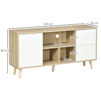 Meuble TV scandinave porte 3 niches 2 tiroirs piètement bois de pin aspect chêne clair blanc 3