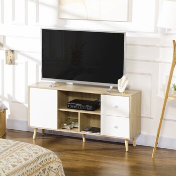 Meuble TV scandinave porte 3 niches 2 tiroirs piètement bois de pin aspect chêne clair blanc 4