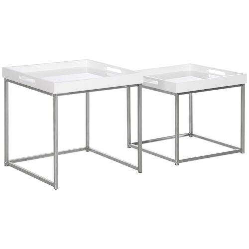 Lot de 2 tables basses carrées gigognes style contemporain - plateau 2 poignées MDF blanc laqué châssis piètement acier chromé