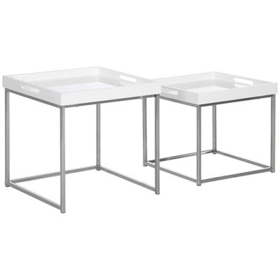 Set of 2 contemporary style nesting square coffee tables - top with 2 white lacquered MDF handles, chromed steel base frame