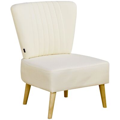 Scandinavian design lounge chair with tapered legs, solid birch wood, beige linen-look polyester fabric covering