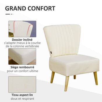 Fauteuil lounge design scandinave pieds effilés bois massif bouleau revêtement tissu polyester aspect lin beige 5