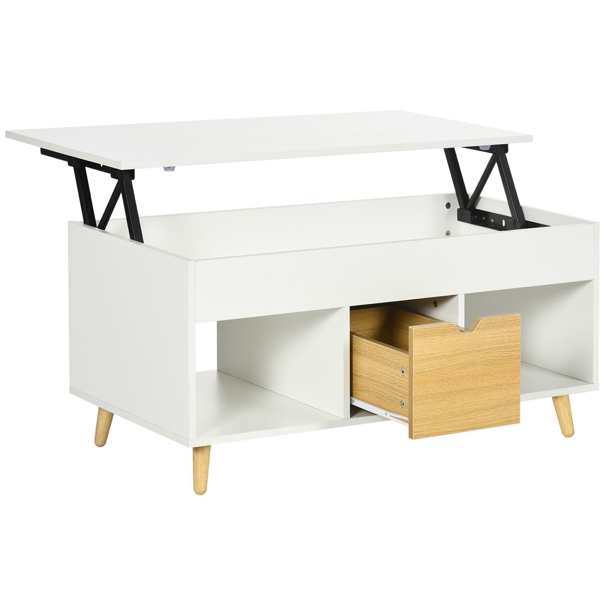 Mesa de centro elevable - cajón, 2 nichos, arcón - medidas 100L x 50W x 49H cm - madera blanca clara