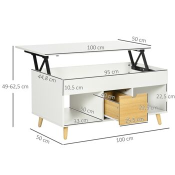 Table basse relevable - tiroir, 2 niches, coffre - dim. 100L x 50l x 49H cm - bois clair blanc 3