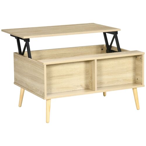 Table basse relevable - 2 niches, coffre de rangement - dim. 85L x 60l x 59,5H cm - aspect bois chêne clair