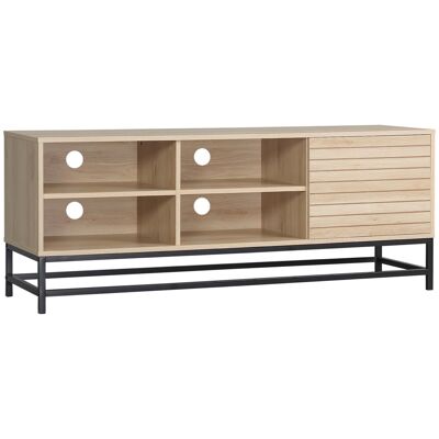 Mueble de TV de diseño Urban Craft - puerta, estante, 4 nichos - base de acero negro - MDF de aspecto de madera clara
