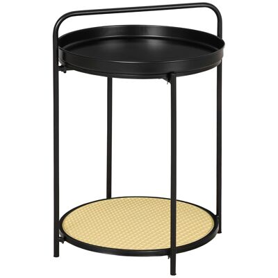 Side table pedestal table side table neo-retro design removable shelf tray black steel PP cane look