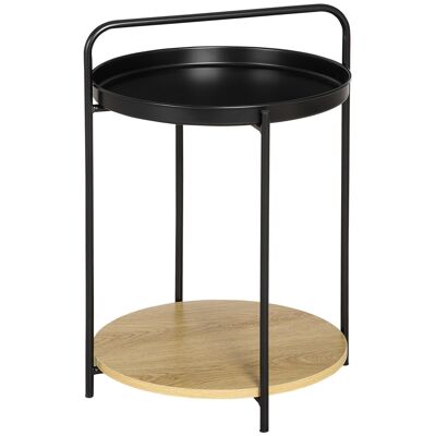 Side table pedestal table side table neo-retro design removable shelf tray black steel light oak look