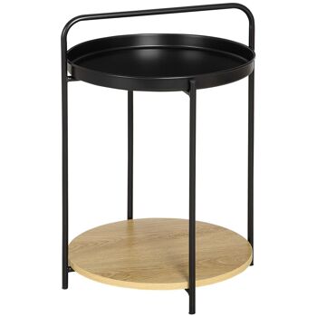 Table d'appoint guéridon bout de canapé design néo-rétro plateau étagère amovibles acier noir aspect chêne clair 1
