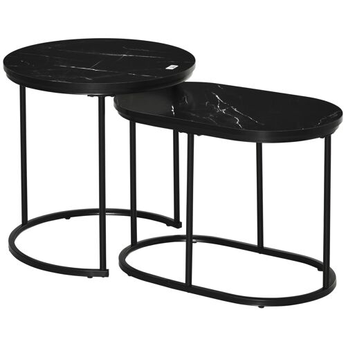 Lot de 2 tables basses gigognes - tables d'appoint encastrables style contemporain - piètement acier plateau MDF aspect marbre noir