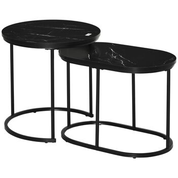 Lot de 2 tables basses gigognes - tables d'appoint encastrables style contemporain - piètement acier plateau MDF aspect marbre noir 1