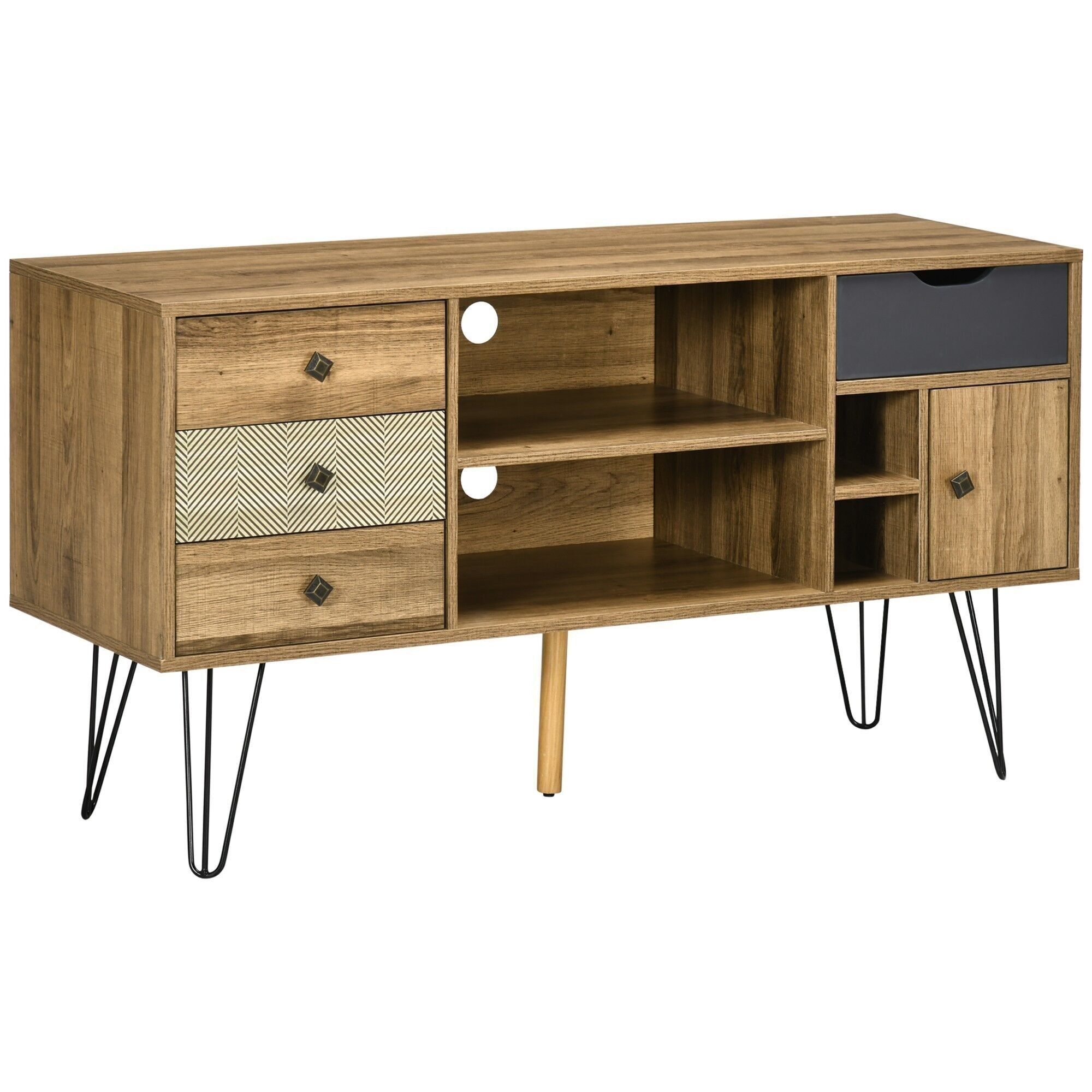 Mueble de TV de diseño industrial gráfico - 4 cajones, 4 nichos, puerta - base de horquilla de metal negro con aspecto de madera