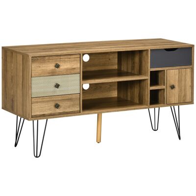 Graphic industrial design TV bench TV cabinet - 4 drawers, 4 niches, door - wood-look black metal hairpin base