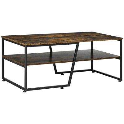 Industrial design rectangular coffee table with black steel shelf panels look old wood grain