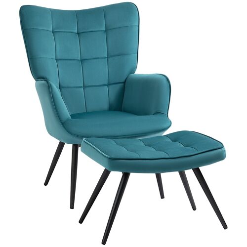 Fauteuil design néo-rétro haut dossier effet capitonné à oreilles - repose-pied inclus - piètement effilé acier noir tissu aspect velours bleu canard