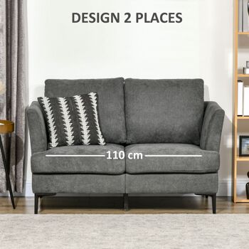 Canapé 2 places style contemporain accoudoirs courbés piètement effilé acier noir tissu aspect lin gris 4