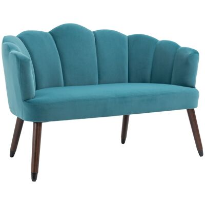 2-Sitzer-Sofa mit Schalendesign, konisches Gestell aus Gummibaumholz, umhüllende, gestreifte Rückenlehne in entenblauem Samt-Look