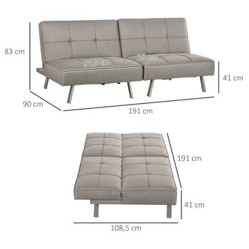 Canapé convertible 3 places design contemporain effet capitonné dossier inclinable modulable acier tissu gris clair 3