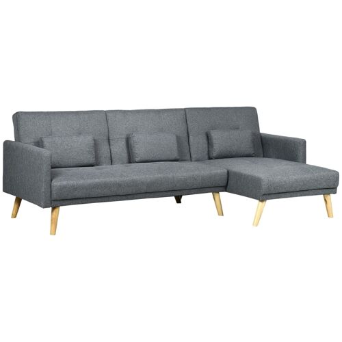 Canapé d'angle convertible 3 places design scandinave - réversible, effet capitonné, 3 coussins déco - piètement bois tissu aspect lin gris