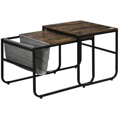 Lot de 2 tables basses gigognes design industriel encastrable - pochette rangement intégrée polyamide gris - métal noir aspect vieux bois