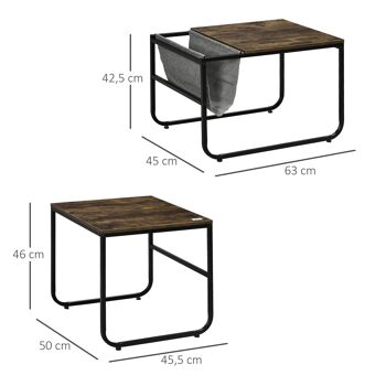 Lot de 2 tables basses gigognes design industriel encastrable - pochette rangement intégrée polyamide gris - métal noir aspect vieux bois 3