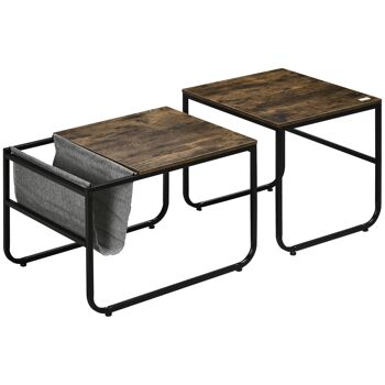 Lot de 2 tables basses gigognes design industriel encastrable - pochette rangement intégrée polyamide gris - métal noir aspect vieux bois 4