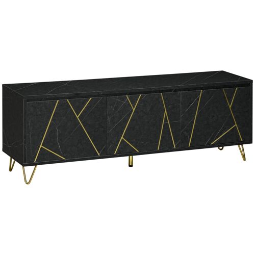 Meuble TV banc TV style art déco - 3 portes, 2 étagères - piètement épingle métal doré MDF aspect marbre noir rainures dorées