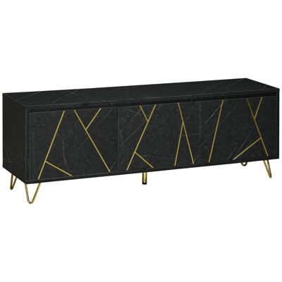 TV stand TV bench in art deco style - 3 doors, 2 shelves - hairpin base in gilded metal MDF with black marble look and gilded grooves