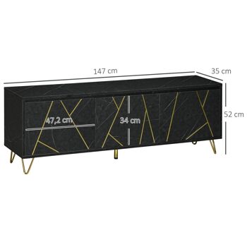 Meuble TV banc TV style art déco - 3 portes, 2 étagères - piètement épingle métal doré MDF aspect marbre noir rainures dorées 3