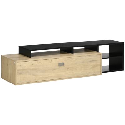 Mueble TV reversible de diseño moderno puerta abatible 2 compartimentos 4 nichos MDF aspecto roble claro negro