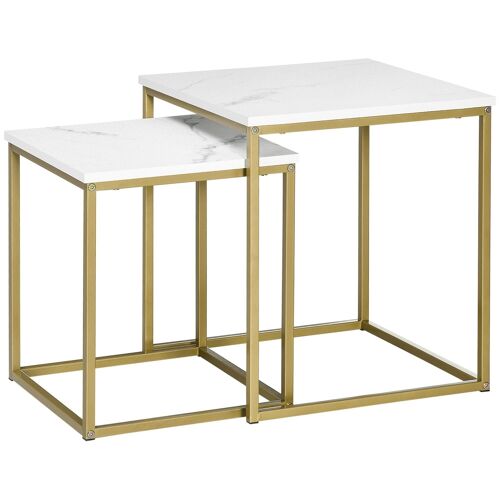 Lot de 2 tables basses gigognes carrées style art déco - acier doré panneaux aspect marbre blanc