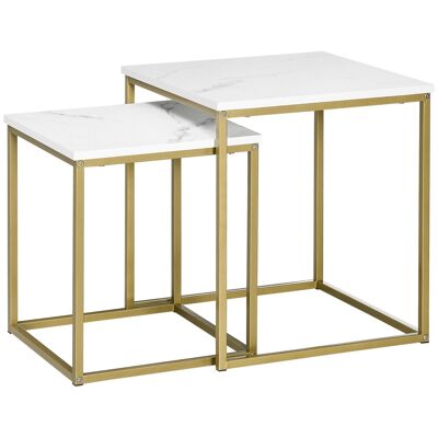 Set of 2 art deco style square nesting coffee tables - gilded steel white marble look panels