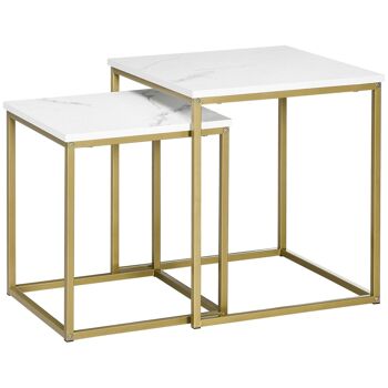 Lot de 2 tables basses gigognes carrées style art déco - acier doré panneaux aspect marbre blanc 1