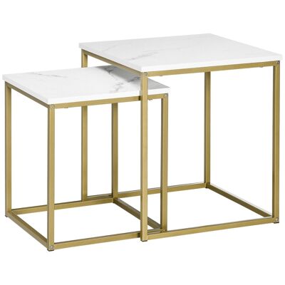 Lot de 2 tables basses gigognes carrées style art déco - acier doré panneaux aspect marbre blanc
