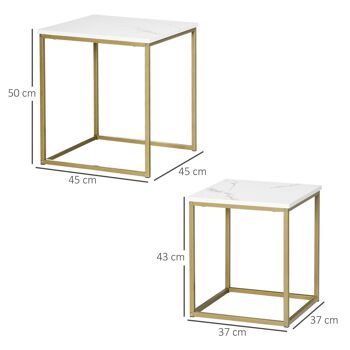 Lot de 2 tables basses gigognes carrées style art déco - acier doré panneaux aspect marbre blanc 3