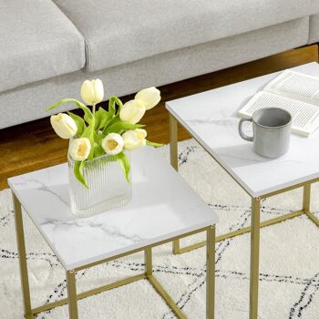 Lot de 2 tables basses gigognes carrées style art déco - acier doré panneaux aspect marbre blanc 5