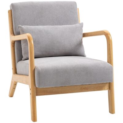 Lounge-Sessel – 3 Kissen inklusive – tiefer Sitz – Armlehnen – Struktur aus Gummibaumholz – graue Samtoptik