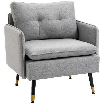 Sillón de estilo art-deco respaldo efecto acolchado base inclinada cónica metal negro extremos dorados tela gris