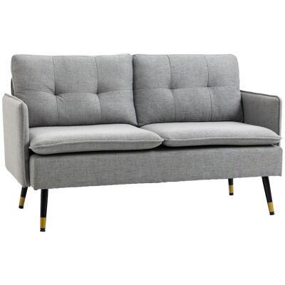 Sofá de 2 plazas estilo art-deco respaldo efecto capitoné patas inclinadas cónicas metal negro extremos dorados tejido gris