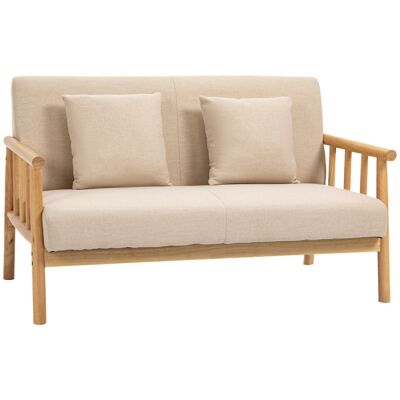 2-Sitzer-Loungesofa – 2 Kissen inklusive – tiefer Sitz – Armlehnen – Struktur aus Gummibaumholz – beige Leinenoptik