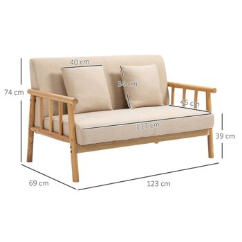 Canapé lounge 2 places - 2 coussins inclus - assise profonde - accoudoirs - structure bois hévéa - aspect lin beige 3