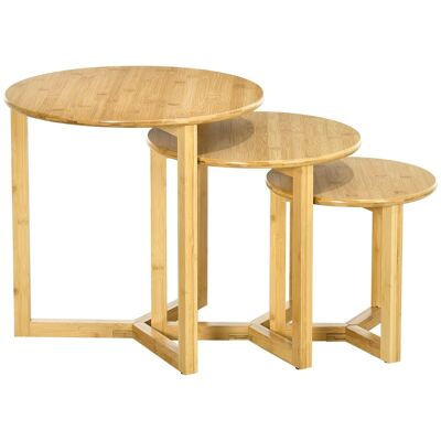 Set of 3 round nesting coffee tables in a cozy natural style, varnished bamboo wood