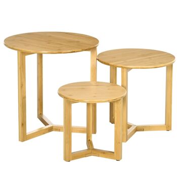 Lot de 3 tables basses gigognes rondes style cosy naturel bois bambou verni 4