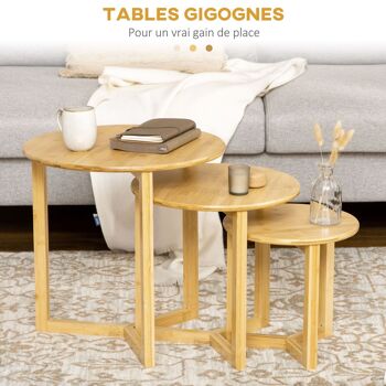 Lot de 3 tables basses gigognes rondes style cosy naturel bois bambou verni 5