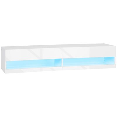 LED wall TV cabinet - floating TV bench - 2 hinged doors - dim. 150L x 40W x 30H cm - lacquered white