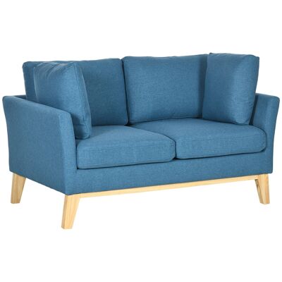 2-Sitzer-Sofa im skandinavischen Stil mit konisch zulaufendem, schrägem Untergestell aus Gummiholz, Stoff in blauer Leinenoptik