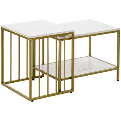 Set of 2 art deco style nesting coffee tables - gilded steel white marble look panels