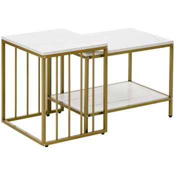 Lot de 2 tables basses gigognes style art déco - acier doré panneaux aspect marbre blanc 1