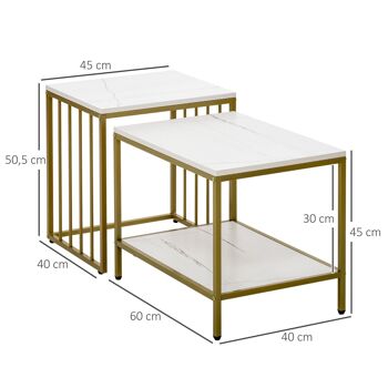 Lot de 2 tables basses gigognes style art déco - acier doré panneaux aspect marbre blanc 3