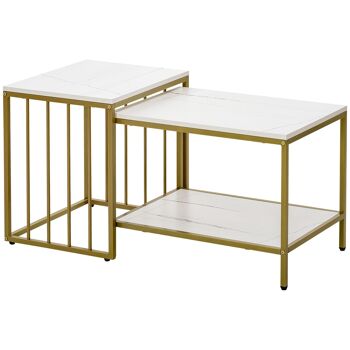 Lot de 2 tables basses gigognes style art déco - acier doré panneaux aspect marbre blanc 4